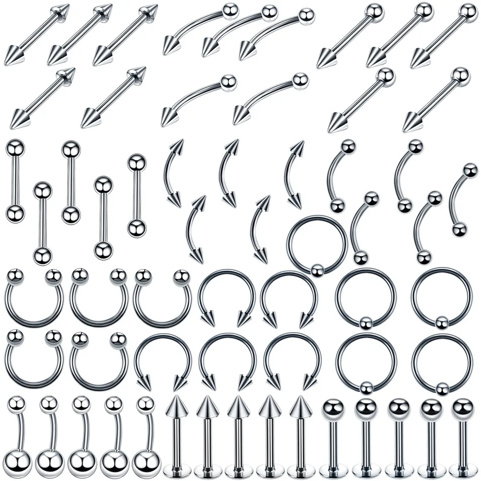 110PCS/Set Fashion Piercing Set Eyebrow Bar Lip Nose Belly Pircing  Stainless Steel Ear Studs Mixed Body Jewelry