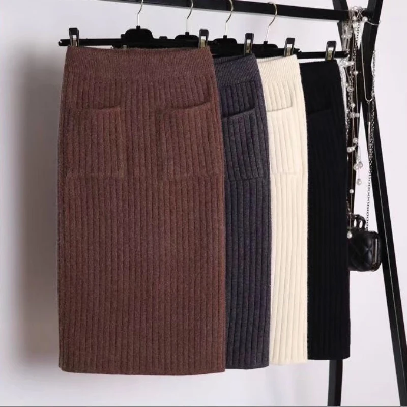 

Skirts Women Sexy Chic Pencil Skirts Wool Rib Knit Long Skirt Package Hip Split Waist midi skirt maxi Autumn Winter Skirts