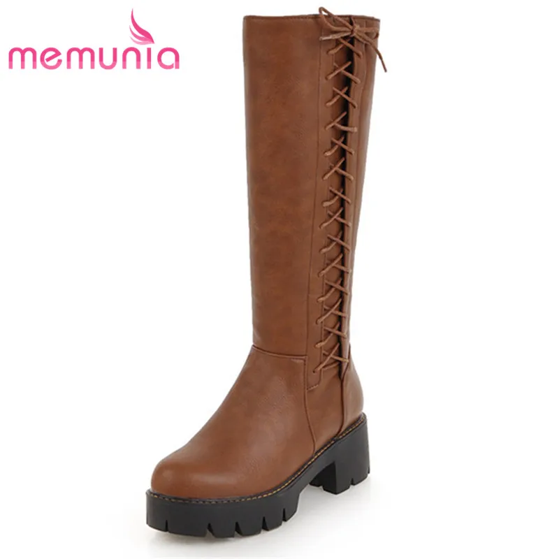 

MEMUNIA 2020 new arrival women knee high boots cross tied square heels platform boots autumn winter warm casual shoes ladies