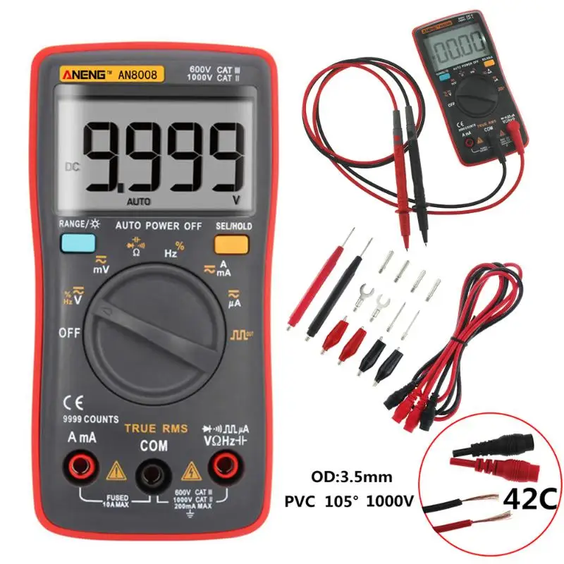 

ANENG AN8008 Multimeter 9999 Count Backlight AC / DC Ammeter Transistor Tester Capacitance Tester Automotive Electrical Tester