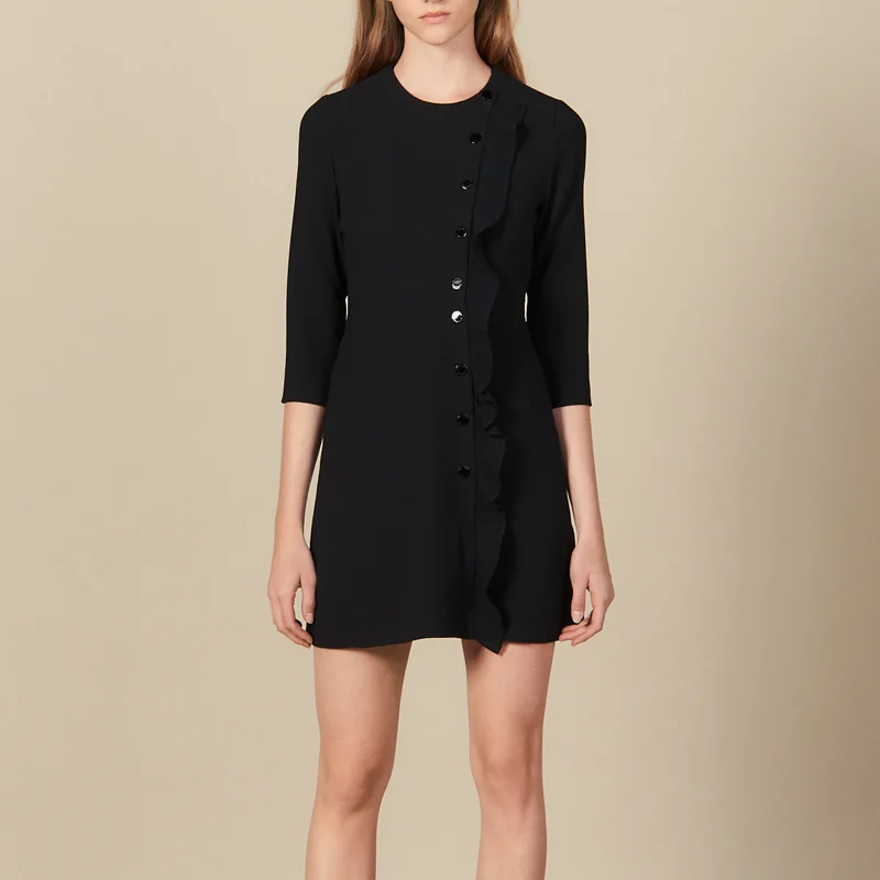 Robe Courte Portefeuille, Черное мини-платье, женское винтажное элегантное офисное платье с рюшами и круглым вырезом, Осень-зима, Прямая поставка