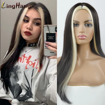 

Linghang Black Long Straight Wig For Women Both sides Gold Hair Middle Part Heat Resistant Wavy Cosplay Wig For Girl