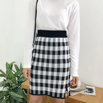 

Autumn Plaid Print Button Tight Skirts Elegant Women Skirts Knit High Waist Design Skirt