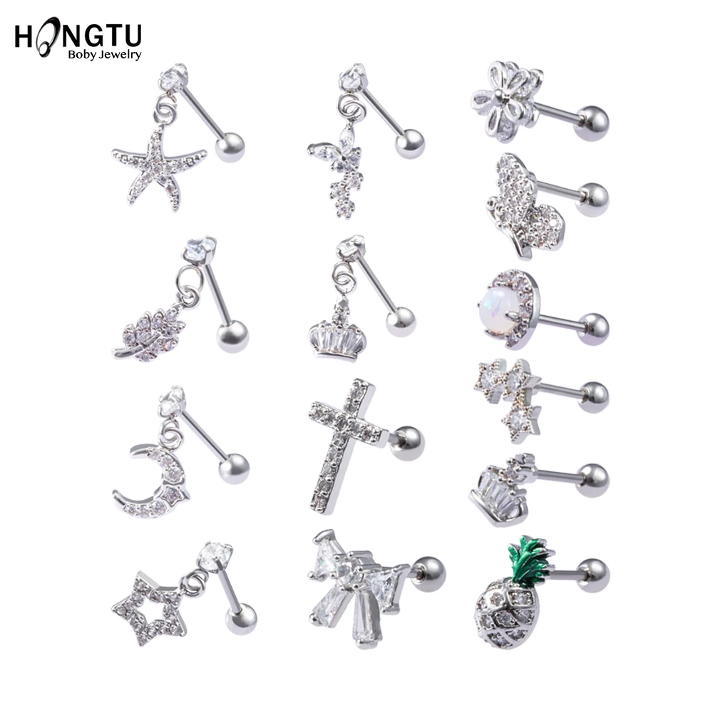 1 шт CZ серьги, Надеваемые На ушной хрящ медный крест Луна Звезда цветок ушной хрящ из нержавеющей стали пирсинг серьги-гвоздики Кристалл Daith серьги