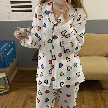 

Winter Pajamas Women Sweet Cute Multicolor Print Home Suit Loose Cardigan Button Pocket Top Pants Two Piece Casual Sleepwear