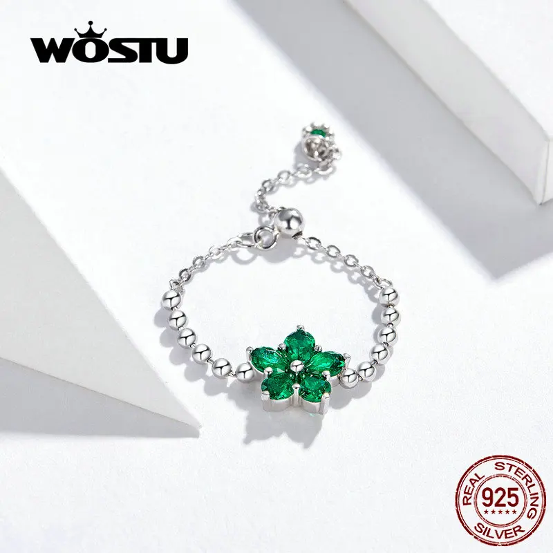 WOSTU, настоящее 925 пробы, серебряные Регулируемые кольца, уникальные, горячая Распродажа, зеленый цветок, CZ кольца для женщин, подарок BKR532