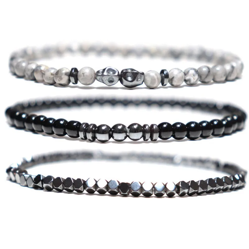 Neue 3Pcs Handgemachte Männer Armband Set 4mm Rocailles Strang Armband Gothic Schädel Armband Natürliche Hämatit Stein schmuck Pulseria – Detail 5