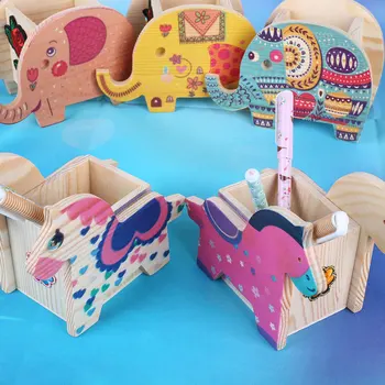 

Pencil Holder Brush Pot Storage Box Elephant Woodiness Pattern Stationery Desk Pony Ethnic Style Embroider Pen Office Table