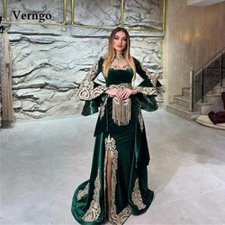 Verngo Emerald Green Velvet Mermaid Evening Dresses With Detachable Train Applique Long Sleeves Prom Gowns Kaftan Arabic Women