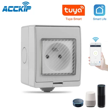 

ACCKIP Newest Waterproof IP55 Wifi Smart Power Socket Timer Outdoor Plug Tuya APP Voice Remote Control France Plug