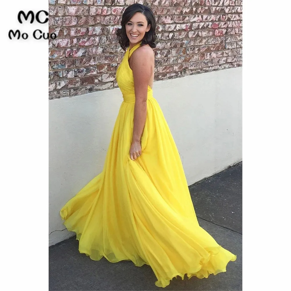 Yellow A Line Floor Length Halter Sleeveless Backless Bridesmaid Dress, Wedding Party Dress (2)