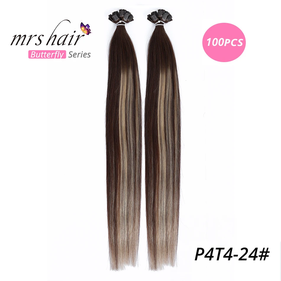 MRSHAIR предварительно скрепленные плоские волосы для наращивания 1" 18" Искусственные волосы одинаковой направленности прямые капсулы жидкий кератин волосы - Цвет: KFTT4P4-24-100