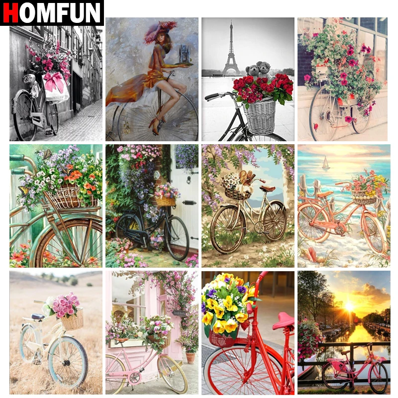 HOMFUN Full Diamond Embroidery &quotBicycle flower scenery&quot Painting Cross Stitch Patterns Rhinestone Unfinished Home Decor |