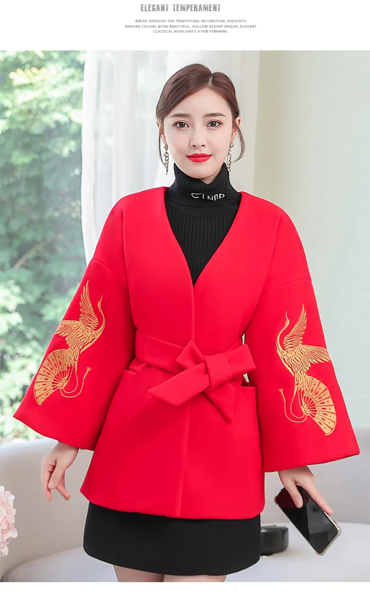 Brooch plus 2 Yuan)-Style Long over-the-Knee Woolen Coat Slim Fit Was Thin Long Woolen Jacket Red Fashion