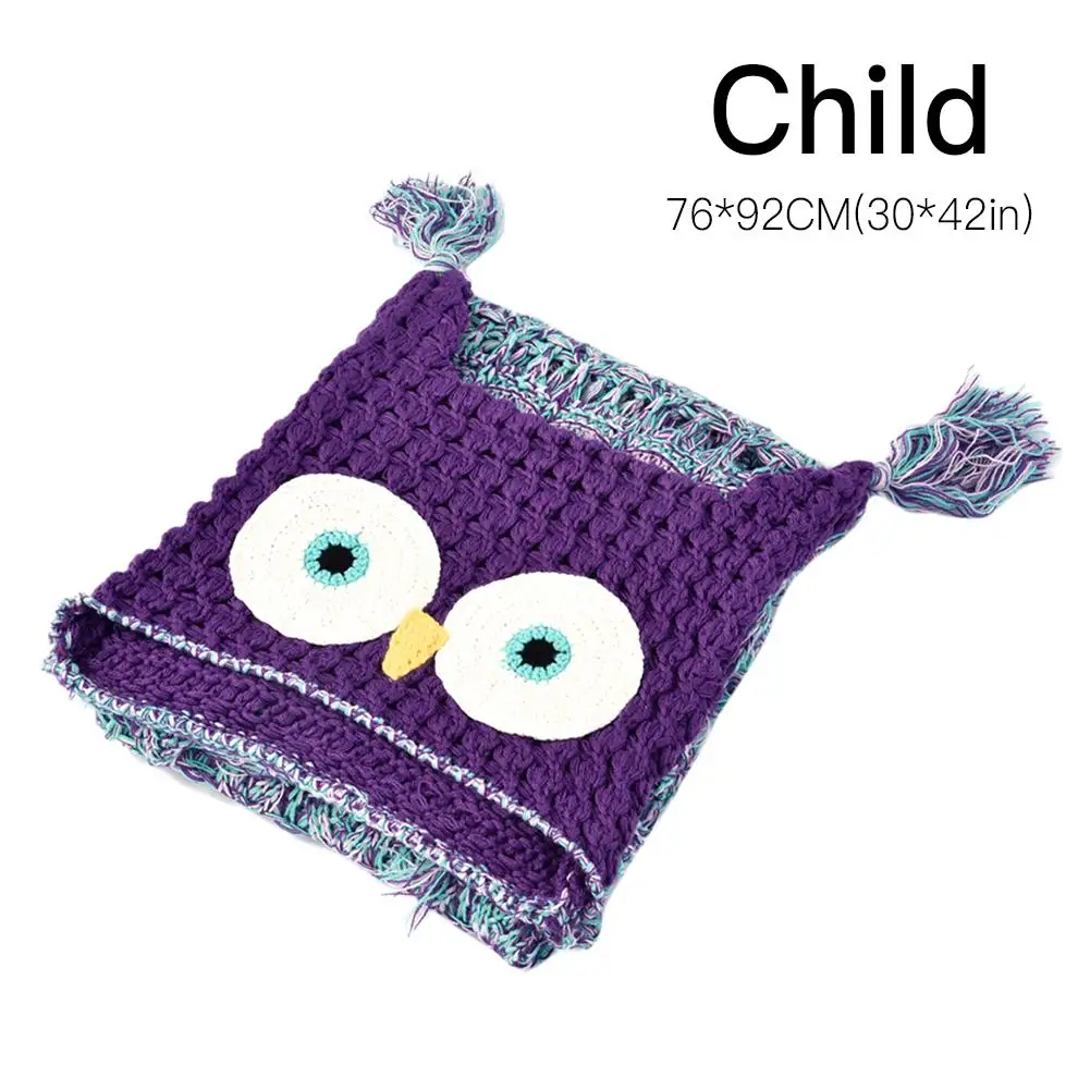 Вязаное крючком одеяло с изображением совы с капюшоном, стильное пончо с изображением совы, новое Вязаное пончо с капюшоном для детей и взрослых, серое и фиолетовое одеяло - Цвет: Purple