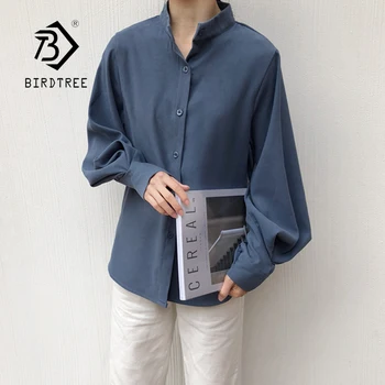 

New Arrival Women Solid Stand Collar Lantern Sleeve Thick Blouse Musk skin Imitation Loose Shirt Button Up Casual Top T98715F