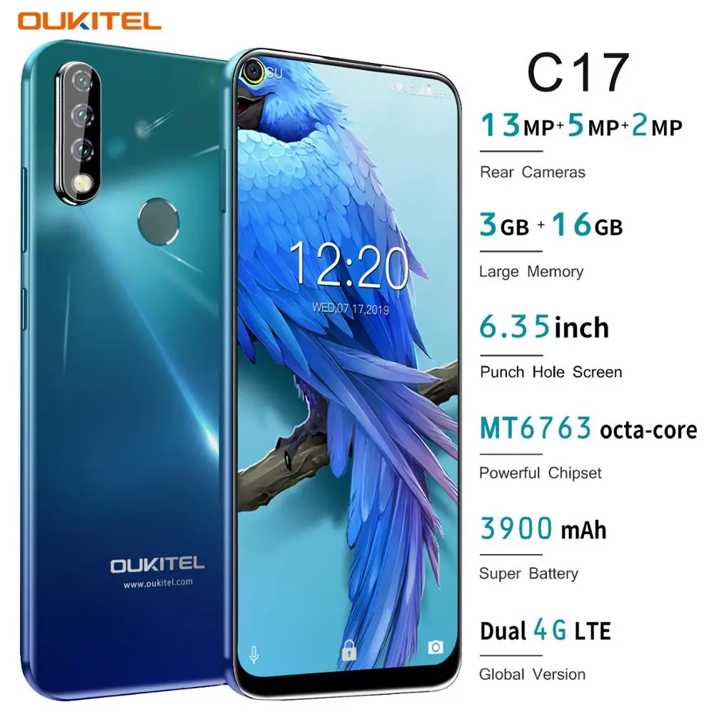 OUKITEL C17 4G Smartphone Android 9.0 Triple Rear Camera Octa Core 6.35 Inch 3900mAh 3GB+16GB Face Fingerprint ID Mobile Phone