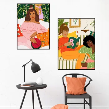 

Vintage Abstract Colorful Girl Dog Flower Wall Art Canvas Painting Nordic Posters And Prints Wall Pictures For Living Room Decor