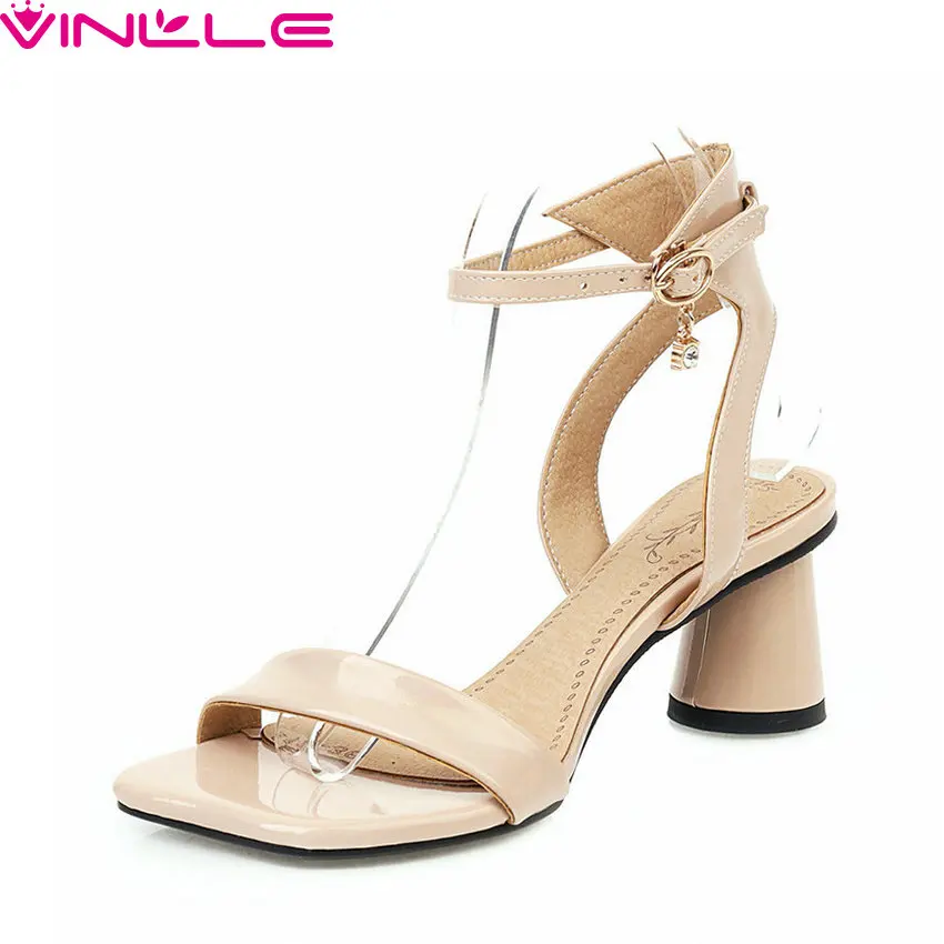 

VINLLE 2020 PU Leather Hollow Concise Sandals Square Heel Buckle Ladies Shoes Open-toed Slingback Summer Women Pumps Size 34-43