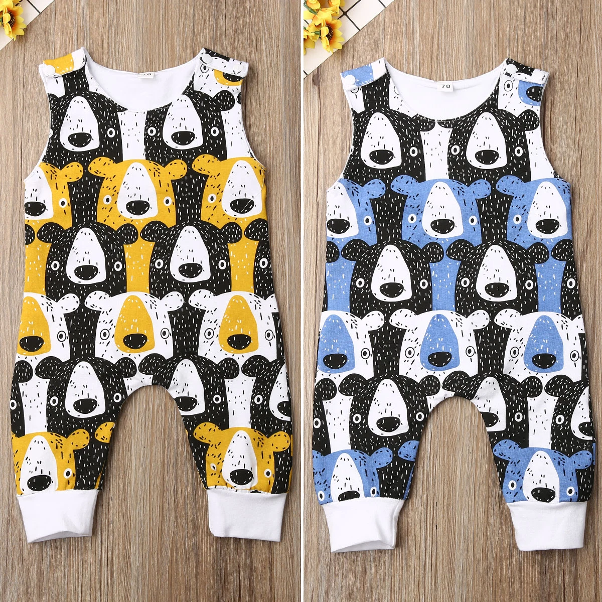 0-24months для малышей одежда для малышей, с милым медведем для маленьких мальчиков комбинезон, без рукавов, для маленьких девочек, синие, желтые, Одна деталь комбинезон для малышей, костюм для подвижных игр для мальчика