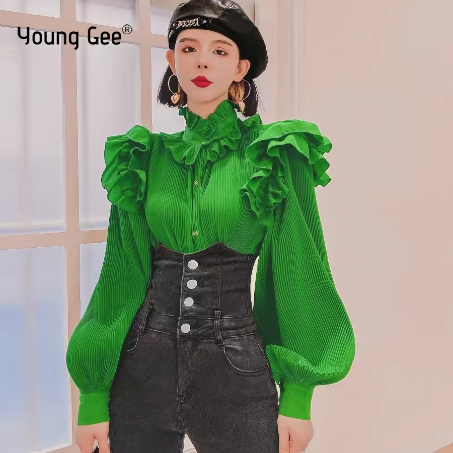 Женская винтажная блузка Young Gee модная зеленая рубашка с оборками и длинным