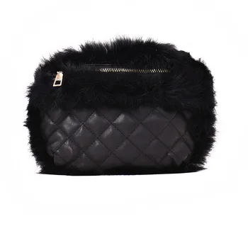 

Fur decoration female breast bag 2019 winter plush car sewn lattice chain one-shoulder cross-body small bag fashion breast bag