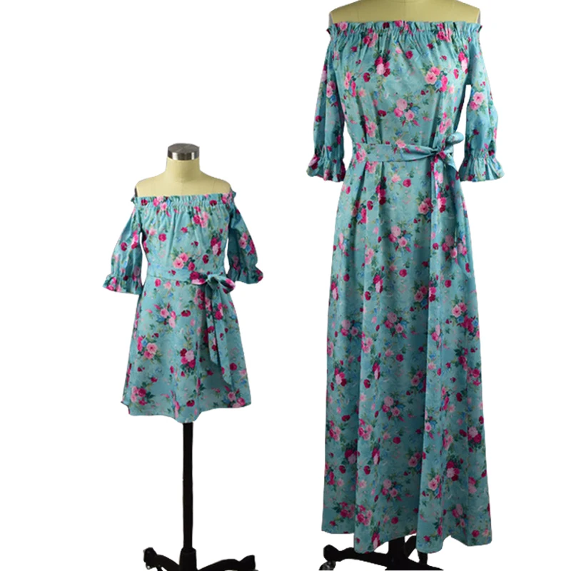 

Summer Mother and Daughter Floral Clothes Lotus Half Sleeve One Shoulder Lotus Sleeve Dress Mom and Daughter Dress