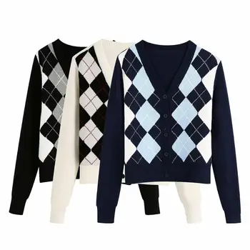 

Saythen Cardigan Women V-neck Stylish Geometric Pattern Short Knitted Sweater Fashion Long Sleeve England Style Outerwear