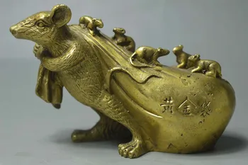 

Collectible Handwork Decoration Old Copper Carve Mice Pull Bag Delicate Statue