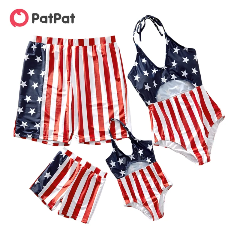 Family Matching Swimsuits Childrens Red New Summer Flag Stripe Patpat Stars
