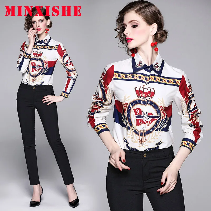 

2019 Blouse Ladies White Long Sleeve Print Tops Popular Elegant Retro Hot Shirts Office Casual Plus Size Blouses Roupas feminina