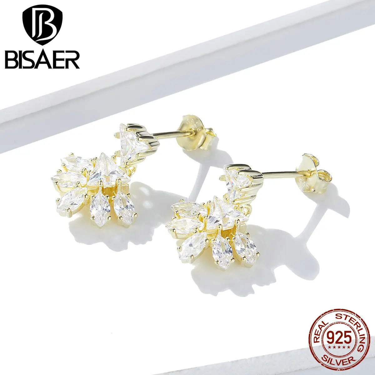 BISAER сверкающие серьги-гвоздики, Настоящее серебро 925 пробы, прозрачный Цирконий, милые элегантные серьги, свадебные украшения HVE226