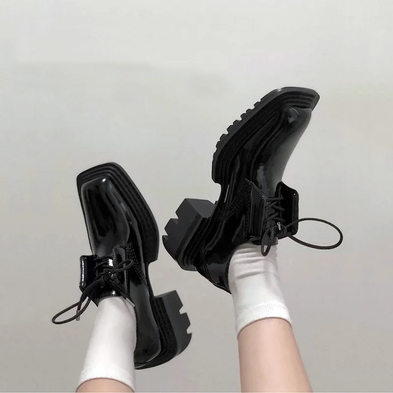 

New Pumps Women Square Toe Black Leather Shoes Female Thick-Heeled Platform Shoes Women Retro High Heels Zapatos de mujer