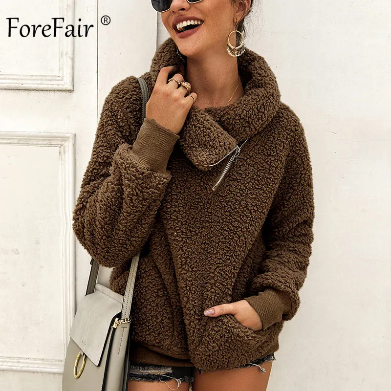 Forefair, на молнии, большой размер, искусственный свитер с мехом, зимние женские пуловеры,, отложной ворот, длинный рукав, Теплые повседневные флисовые худи - Цвет: Coffee Sweatshirt