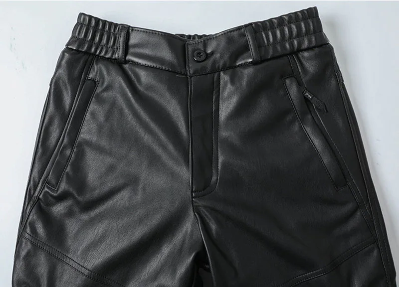 Men's Winter Warm Leather Pants With Multi Pockets Motorycle Pu Leather Trousers For Male Fleece Lined Size 29-40 Black (9)