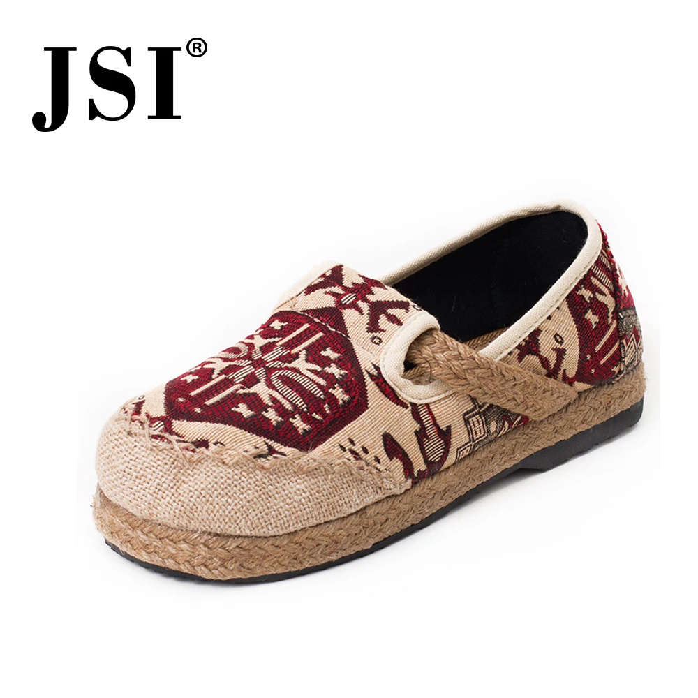 

JSI Comfortable Women Flats Chinese Style Embroider Decoration Slip-On Round Toe Breathable Shoes Anti-Slippery Lady Flats JE311