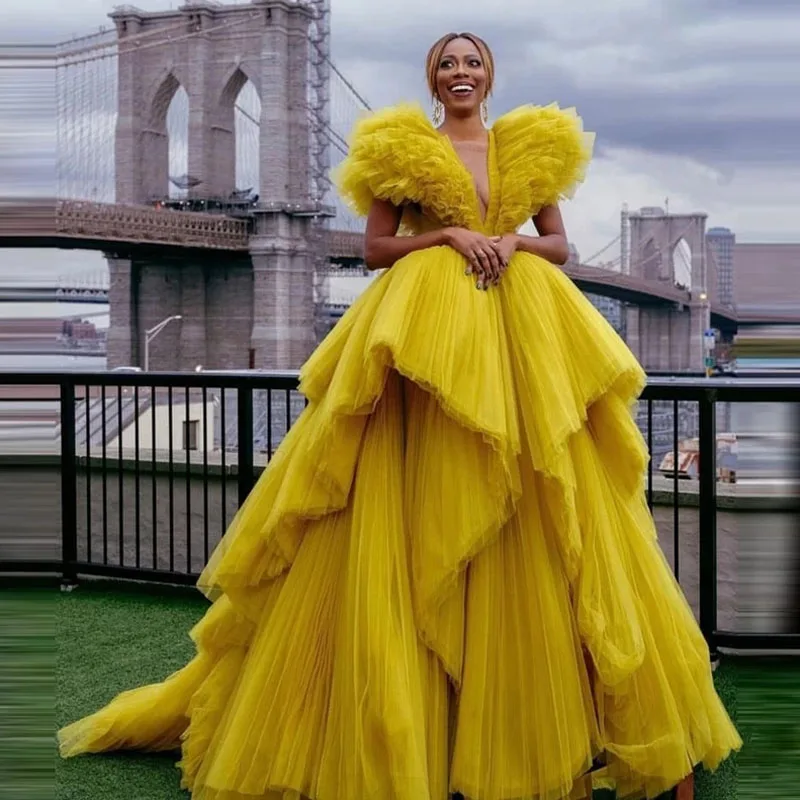 Amazing Gold Yellow Tulle Dress Prom Gowns Extra Puffy Ruffles Photoshoot  Women Dresses Long Vestidos De Fiesta Formal Gowns - Dresses - AliExpress