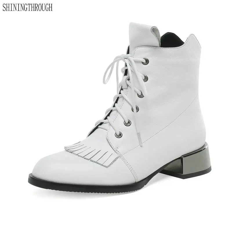 

Women Ankle Boots Autumn Winter Warm Cow Square Heels Shoes Woman Round Toe Retro Quality lace up Ladies Boots size 41 42 43