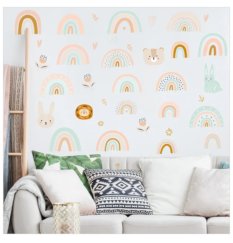 Cartoon Animals Rainbow Wall Stickers for Baby Room Kids room Girls Bedroom Wall Decor Removable PVC Wall Decals for Home Decor