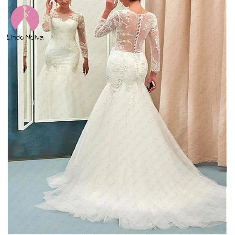Сексуальные кружевные свадебные платья Mermiad 2020 Vestido De Noiva Элегантный Совок с длинными рукавами пуговицы Прозрачные Свадебные платья
