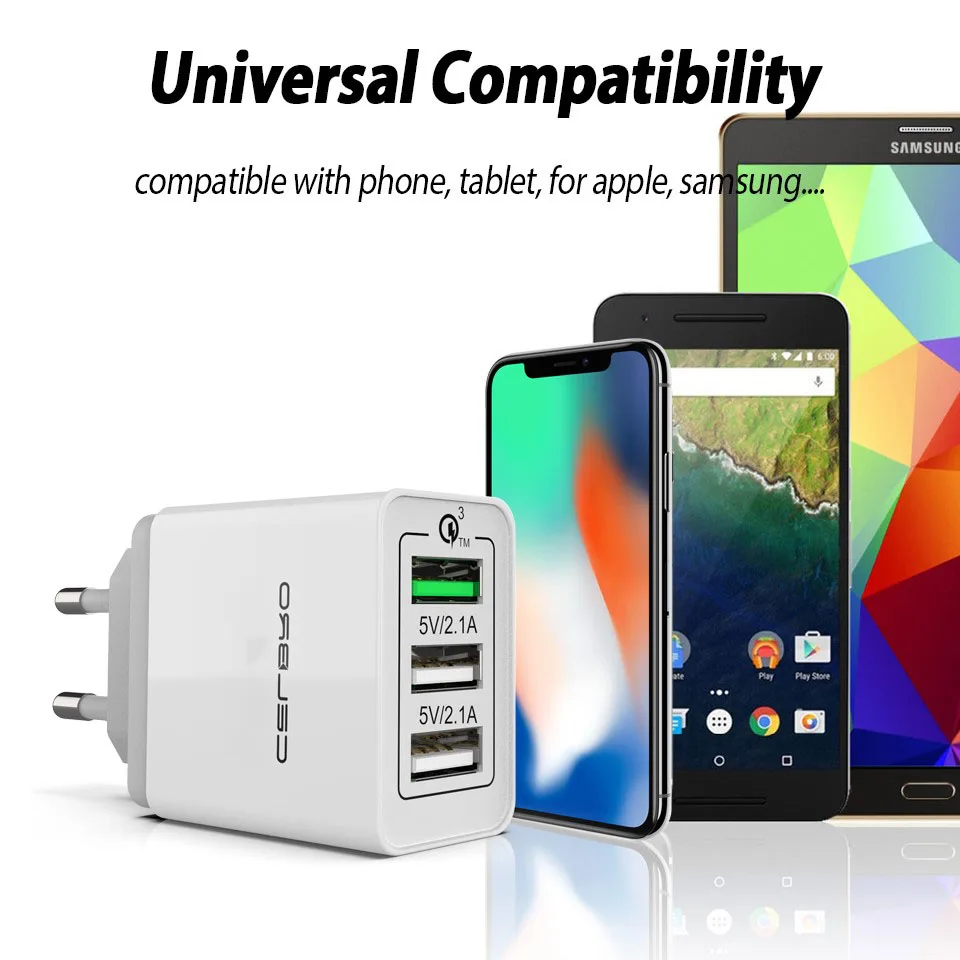 Быстрая зарядка 3,0 Usb зарядное устройство 3 порта настенное зарядное устройство Кабель-адаптер для мобильного телефона Qc 3,0 3A Быстрая зарядка для iphone xiaomi huawei