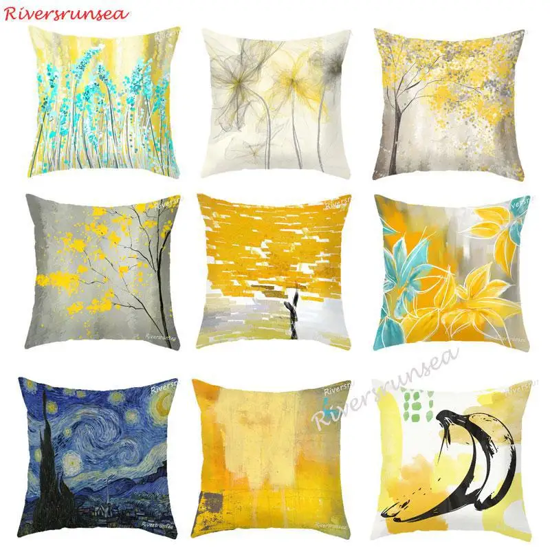 

Hand Painted Van Gogh Cushion Blue Starry Sky Small Fresh Yellow Plant Flowers Trees Watercolor Chair Pillow For Home Decor