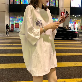 

T-shirts Women Half Sleeve O-Neck Lengthen Loose Streetwear Letter Printing Chic Summer Clothing Harajuku Soft Thin All-match