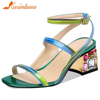 

Karinluna 2020 New Arrivals Genuine Leather Square Heels Colorful Shoes Woman Sandals Female Buckle Strap Fashion Sandals Women