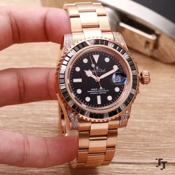 

Luxury Brand New Men Automatic Mechanical Waterproof Silver Black Yellow Gold Diamonds Rainbow Stainless Steel Sapphire Watch
