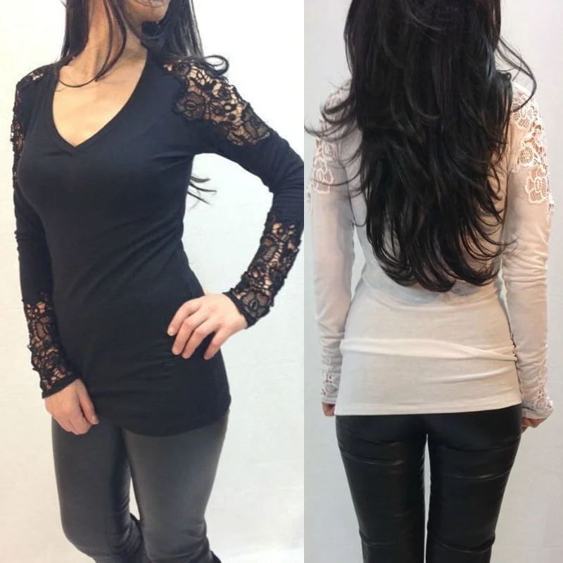 Fashion Women Cotton Shirts Sexy Lace Crochet Long Sleeve T-Shirt Ladies Casual Blouse Tops | Женская одежда