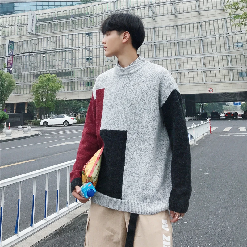 Winter Sweater Men's Warm Fashion Contrast Color Stitching Casual Knit Sweater Man Loose Long-sleeved Pullover Male Clothes Winter Sweater Men's Warm Fashion Contrast Color Stitching Casual Knit Sweater Man Loose Long-sleeved Pullover Male Clothes