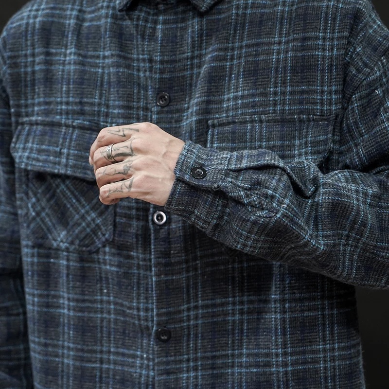 Мужская Фланелевая рубашка с длинным рукавом, осенняя теплая шерстяная Повседневная рубашка в стиле хип-хоп, уличная одежда в винтажном стиле, одежда в полоску, 5XL