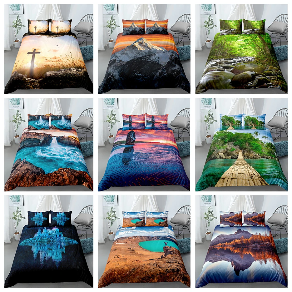 3D Landscape Nature Printed Bedding Set Scenic Duvet Quilt Cover Pillowcase for Home Bedroom Single Queen King Size Soft Bedline best bed sheets