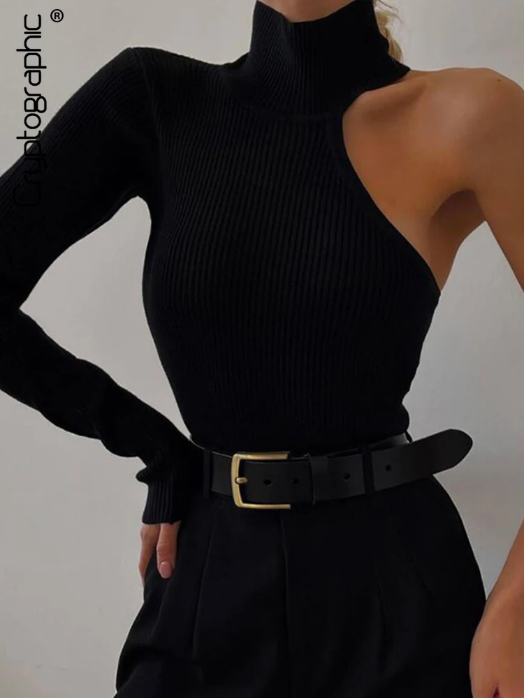 Cryptographic 2022 Spring One Shoulder Ribbed Knitted Elegant Bodysuit Women Skinny Tops Party Sexy Cut Out Bodysuits Clothes